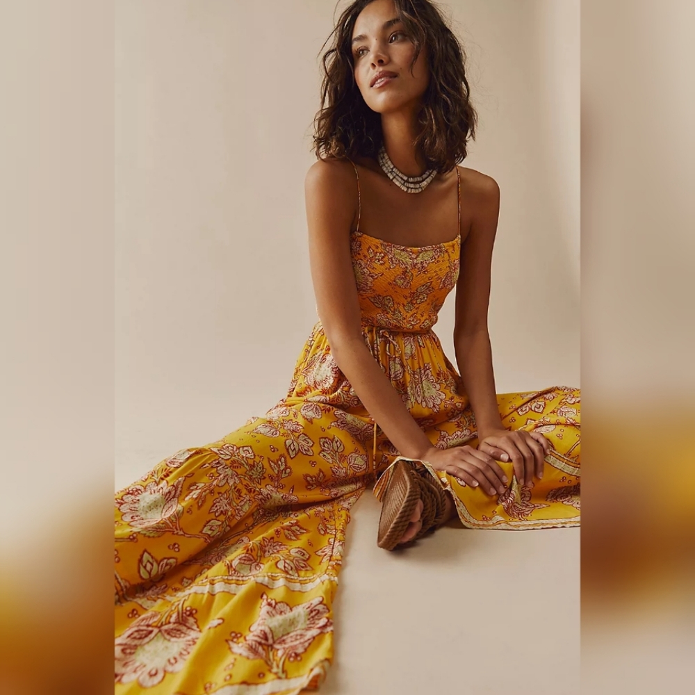Free People Yellow Floral Wide-Leg Jumpsuit